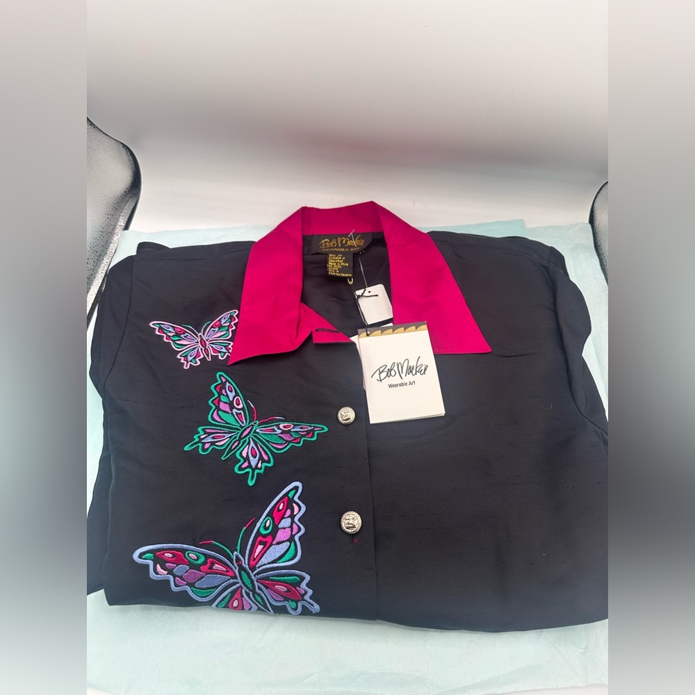 Bob Mackie Art Butterfly Silk Blouse Top Shirt M